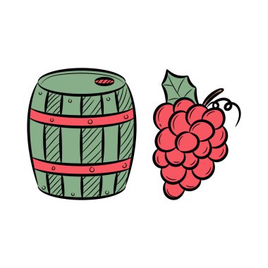 Doodle Şarap fıçısı ve üzüm vektör çizimi, renkli el çizimi tarzıyla