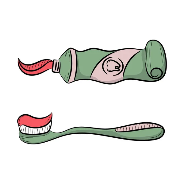 Doodle Tooth Paste Escova Dentes Colorido Vetor Ilustração Com Desenho —  Vetores de Stock