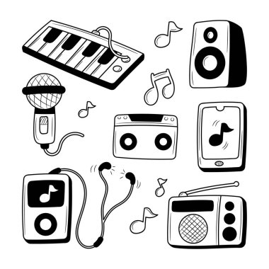 Doodle Müzik Aletleri, Basit ve modaya uygun siyah beyaz el çizim vektör nesneleri