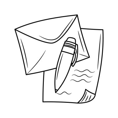 Zarf ve çarşaf notlu kalem, siyah beyaz el çizilmiş taslak vektör nesneleri