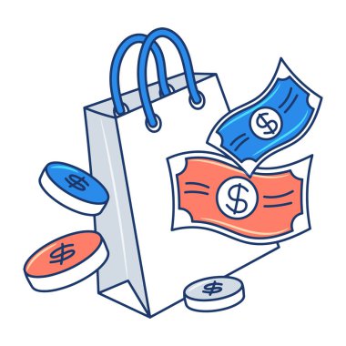 Para dolu alışveriş çantası, renkli el çizimi taslak vektör nesneleri