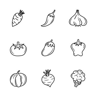 Basit sebze simgesi seti, elle çizilmiş taslak vektör nesneleri