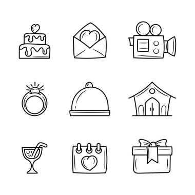 Düğün olay simgesi seti, el çizimi taslak vektör nesneleri