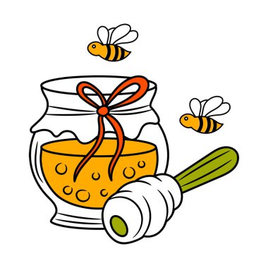 Arı ve kavanozlu bal, renkli el çizimi vektör nesneleri