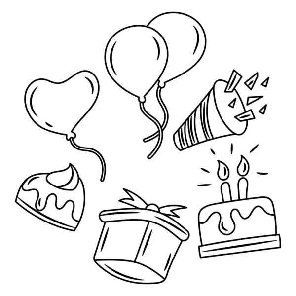 Doodle Birthday Valentine Icon Set Simple Trendy Black White Hand — Stock Vector