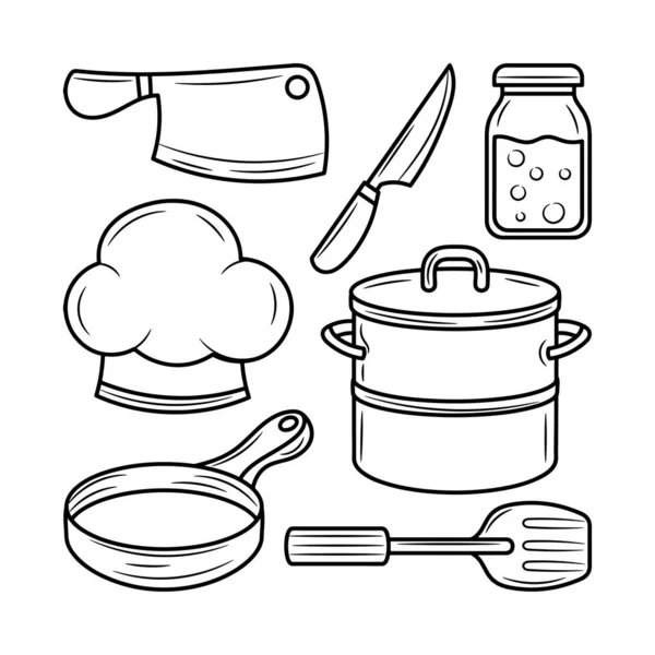 Koleksi Perkakas Dapur Dengan Gambar Tangan Garis Besar Ilustrasi Vektor - Stok Vektor