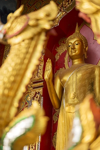 Stojící socha Zlatého Buddhy v chrámu, Thajsko — Stock fotografie