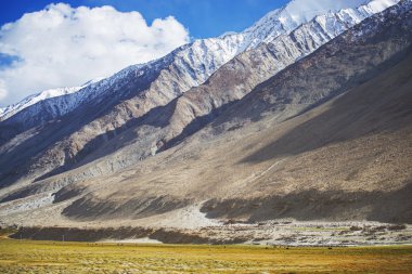Çayırlar ve kar dağ Ladakh, Hindistan - Eylül 2014 aralığı