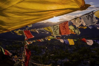 Oyuncu bayrağı üst kısmında Namgyal Tsemo Manastırı Leh Ladakh, Hindistan