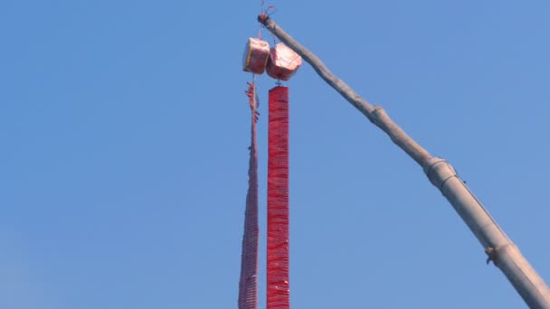 Röda kinesiska brand kex hängande på gren för att fira dagen med ljud. — Stockvideo