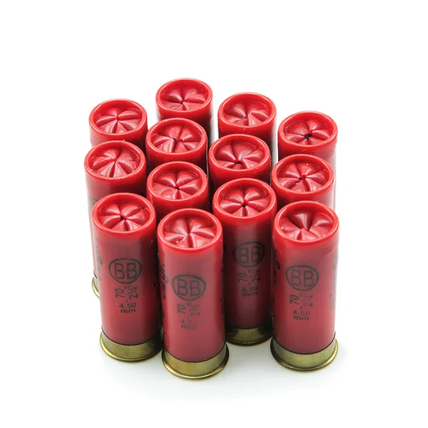 12 proiettili calibro fucile isolato su uno sfondo bianco — Foto Stock