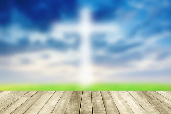 Abstract Jesus on the cross blue sky with wooden paving. — Stock Photo, Image