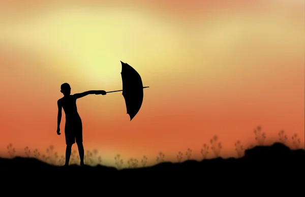 Silhouette child with umbrella river. Sunset background — Stock Photo, Image