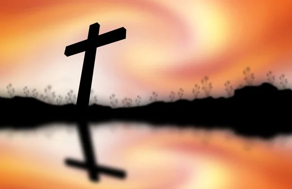 Cross silhouette reflected on water Sunset background — Stock Photo, Image