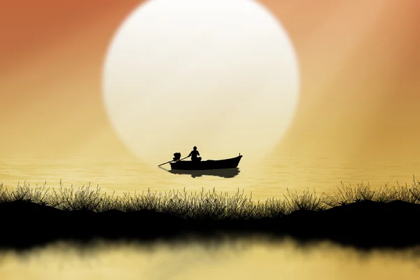 Silueta rybářský člun na moři při západu slunce pozadí. — Stock fotografie