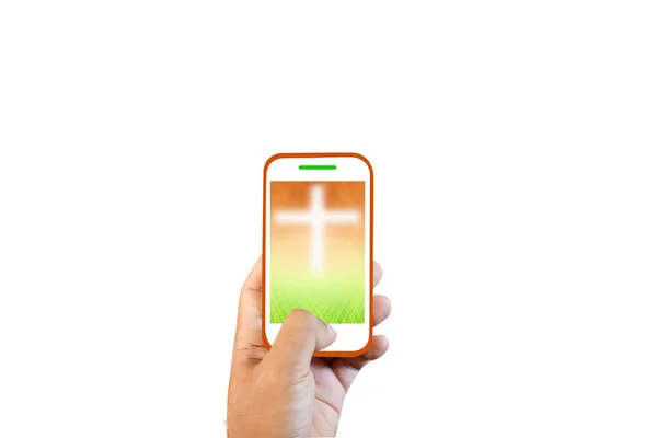 Mão segurando Smartphone branco com tela cruzada no fundo branco — Fotografia de Stock