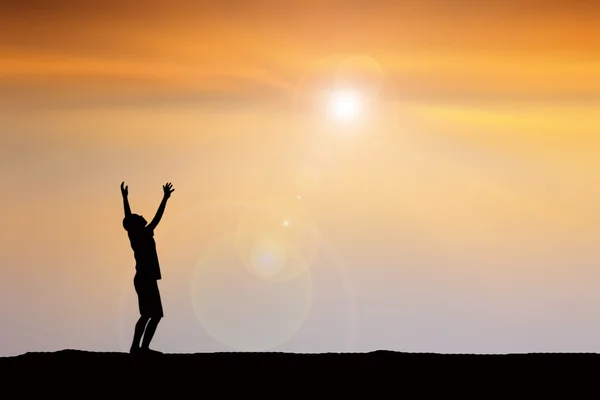 Human hand side above the background sky orange. — Stock Photo, Image