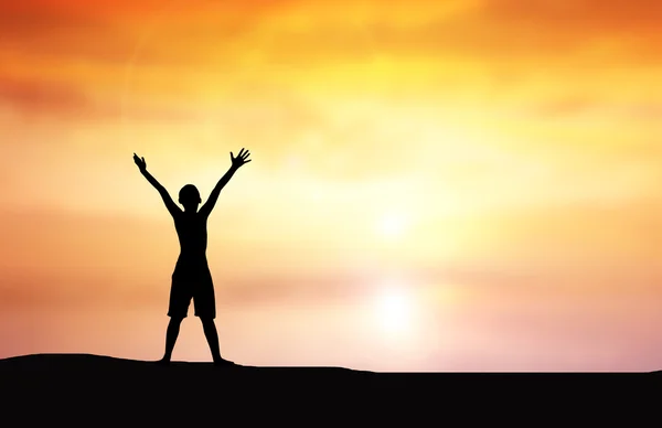 Human hand side above the background sky orange. — Stock Photo, Image