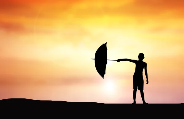 剪影儿童用的伞。夕阳的背景 — 图库照片