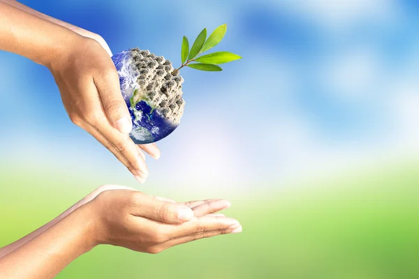 We love the world of ideas,Hand give world and tree on nature background.Elements of this image furnished by NASA. — Stock Photo, Image