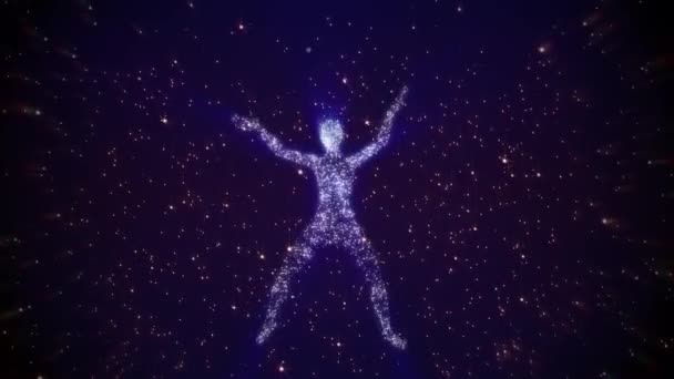 Анимация Блестящий Человек Плавающий Сияющем Звездном Небе — стоковое видео
