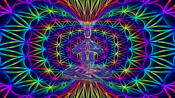 3D resimde meditasyon yapan bir kişi kutsal enerjileri düşünür.