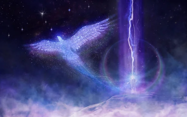 Szaman Absorbuje Energię Gwiazd Przekształca Podróż Magicznej Wieży Duchowym Ptaku Zdjęcie Stockowe