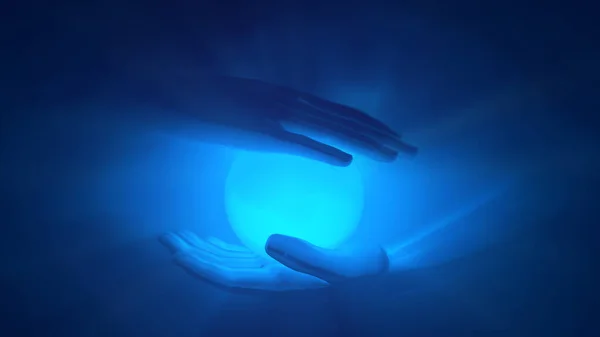 3D resim, ellerdeki mavi bir kristal küre bazen ayı simgeler.