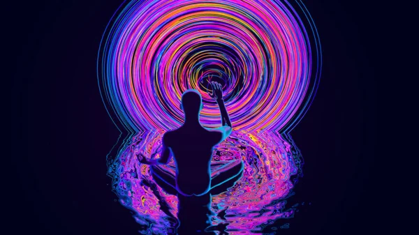 3D illüstrasyon. Meditasyon yapan bir kişi boyutlar kapısını kasıtlı olarak açar.