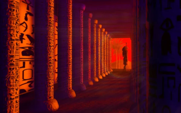 3 boyutlu illüstrasyon Mısır Tanrısı Anubis tapınağının eşiğinde duruyor ve medeniyetin gün batımını izliyor.