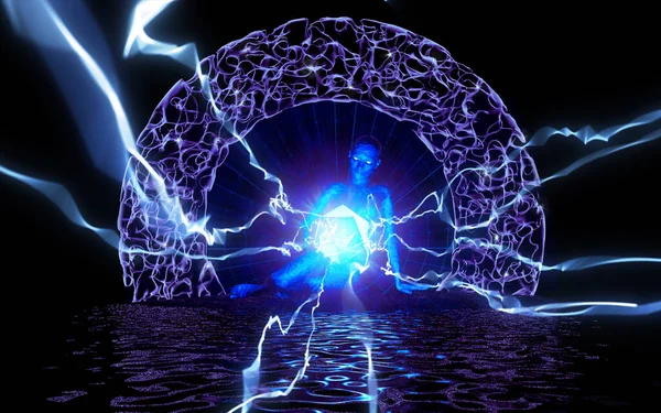 Başka bir dünyaya açılan fantastik koruyucu kapı üzerine 3 boyutlu illüstrasyon