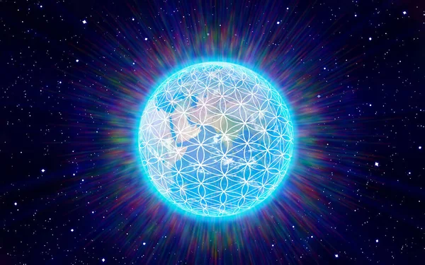 Dünya gezegenindeki kutsal yaşam çiçeğinin çizimi.