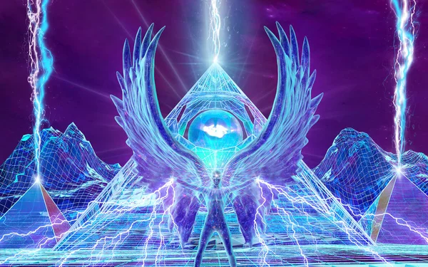 Üç boyutlu illüstrasyon. Bilinçli rüyaların melek-astral koruyucusu elektrik şimşeği yayar..