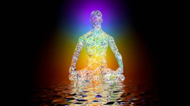Üçlemeci. Meditasyon yapan bir adam. Aşkın titreşimleri ve ışığın ışınları.