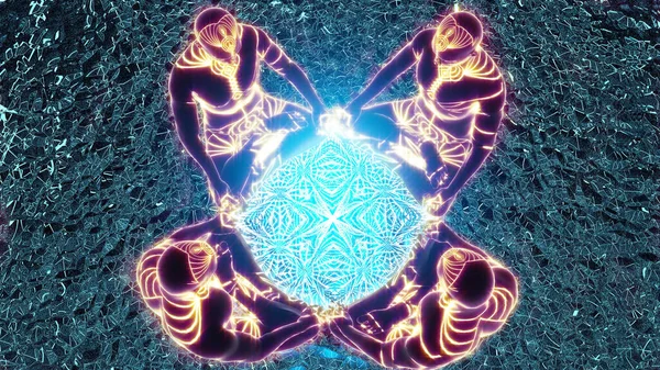 Üç boyutlu illüstrasyon. 4 demidürtü portalda meditasyon yapıyor