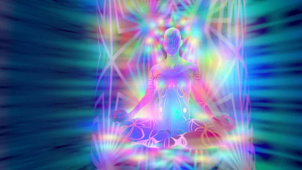 Ilustrace Muže Budoucnosti Meditativní Podobě Nyní Zná Technologie Světla — Stock fotografie