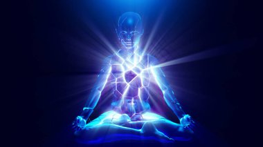 3 boyutlu illüstrasyon. Meditasyon yapan bir kişiliğin güçlü iç aşk enerjisi kendinle ilgili yanlış fikirlere yol açar.