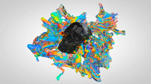 3 boyutlu illüstrasyon. Sembolik bir görüntü. Sıvı gökkuşağı hayattır. Kristal kafatası ölümdür..