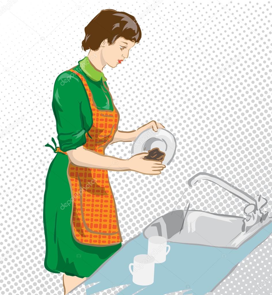 girl washes dishes