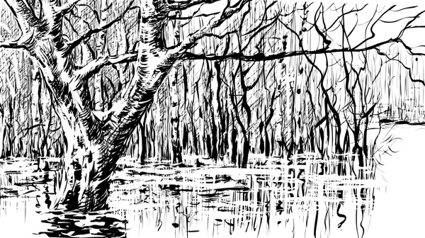 Krajobraz z powodzi - ilustracja na białym tle czarny biały wektor stylizowane Grawerowanie — Wektor stockowy