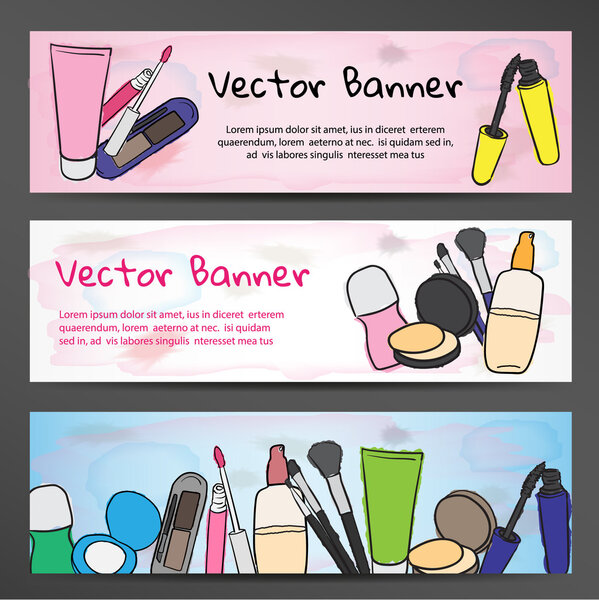 Horizontal banners in watercolor style with the image of cosmetics