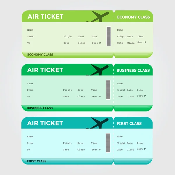 Drie klassen van lege vlucht Boarding Pass groene tinten — Stockvector