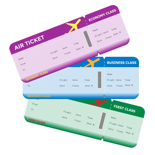 Três classes de voo em branco Boarding Pass cores diferentes — Vetor de Stock