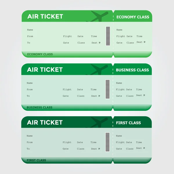 3 つのクラスの搭乗券グリーン濃淡 — ストックベクタ