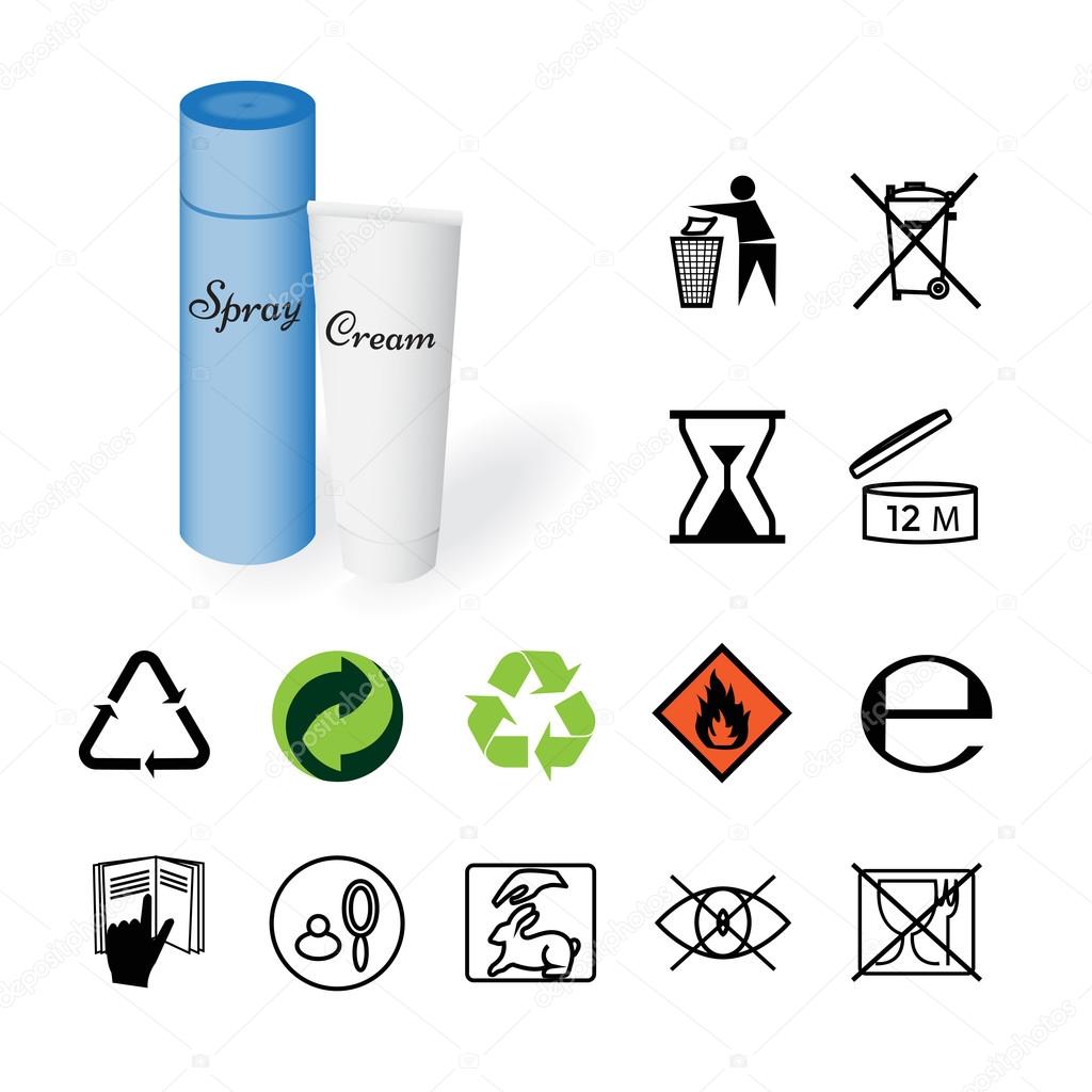 Warning signs, environmental signs, product information on the cosmetic bottles