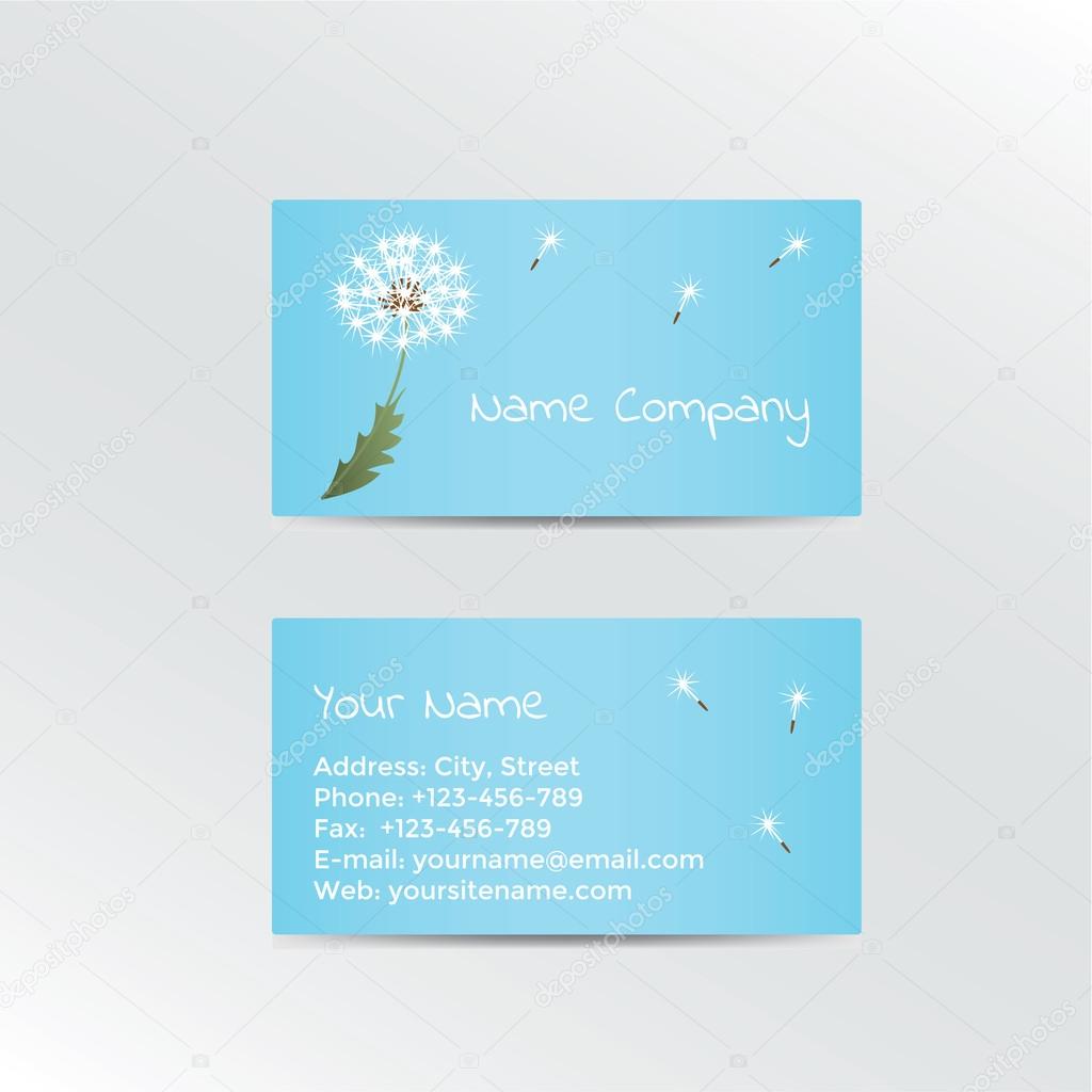 Business card with dandelion on blue background.