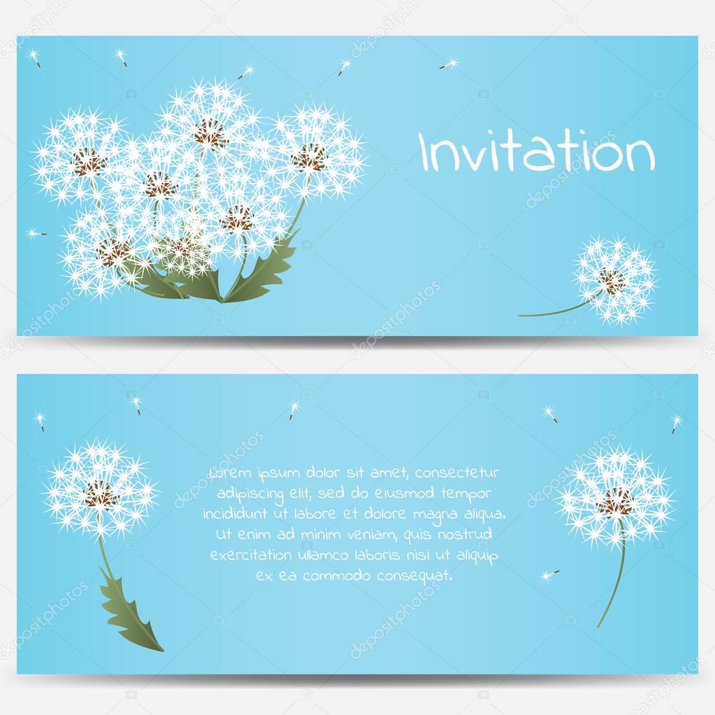 Invitation card with dandelions on blue background