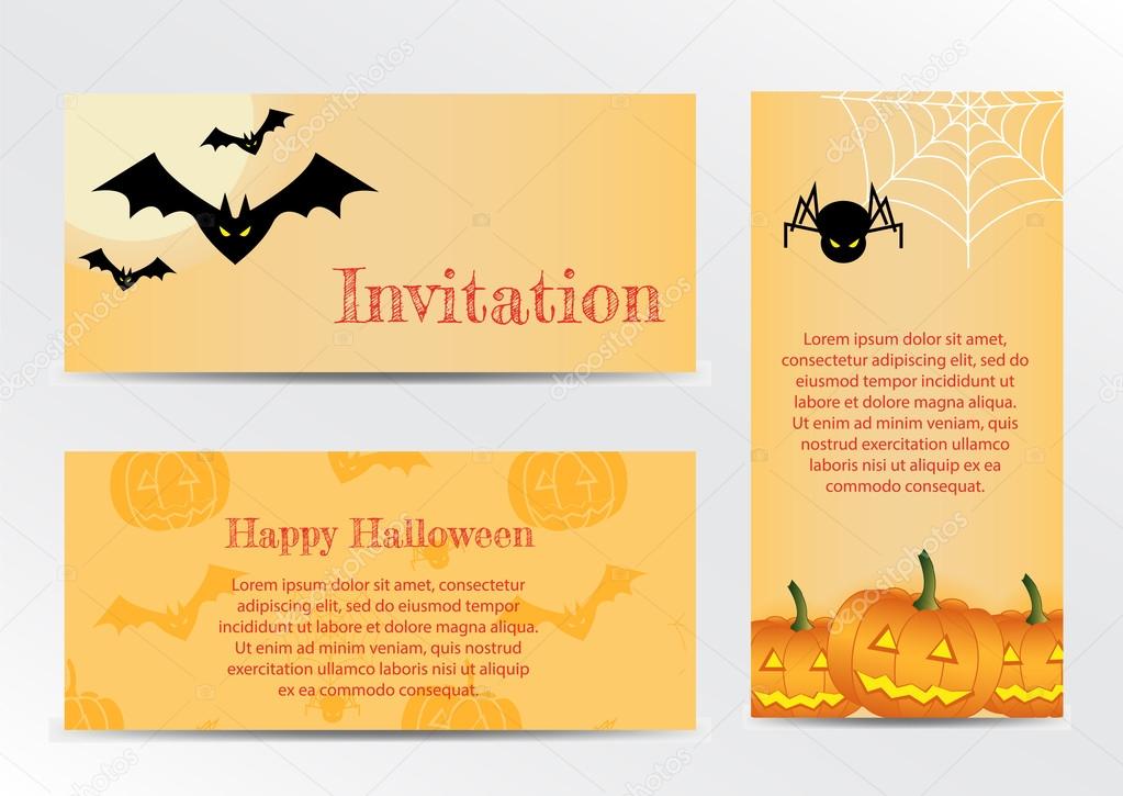 Set of Inventations on Halloween Party in the traditional holiday yellow color.