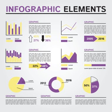 Infographics öğeleri kümesi. Sarı ve mor renkler.