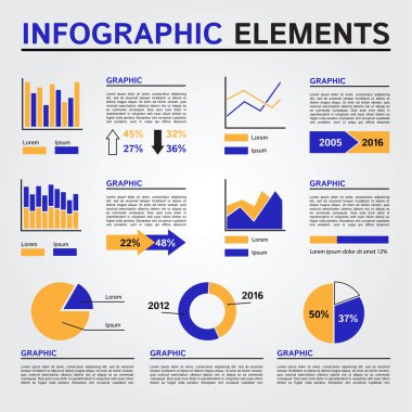 Infographics öğeleri kümesi. Mavi ve turuncu renkleri.